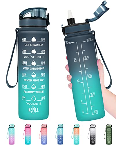 Enerbone Water Bottle, Leakproof BPA & Toxic Free, Motivational Water Bottle with Times to Drink and Straw, Fitness Sports Water Bottle with Strap for Office, Gym, Outdoor Sports - color: Navy Blue Green, size: 32 Ounces