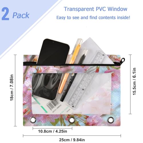 Studying 2 Pack Natural Pink Cherry Blossom Hummingbird 3 Ring Binder Pencil Pouch Bags,Clear Window Zipper Storage Case for Boys Girls School Office Supplies Cosmetics Organizers - color: Multi-hummingbird