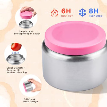 JXXM Bento Lunch Box for Kids With 8oz Thermo, Leakproof Bento Box with with 2 Compartments, Insulated Bottle, Lunch Bag, BPA Free Dishwasher Safe for School Girls Boys (Pink) - color: Pink 01