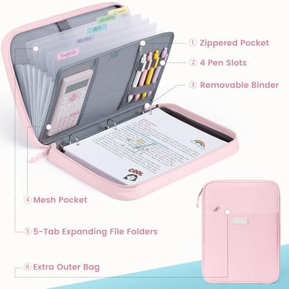 Sooez Zipper Binder Bag, 1 Inch Binders 3 Ring O-Ring, 5-Tab Dividers Expanding File Folder, 500-Sheet Capacity Three Ring Binder, Cute Organizer Storage for Student School Classroom Supplies, Black - color: Black