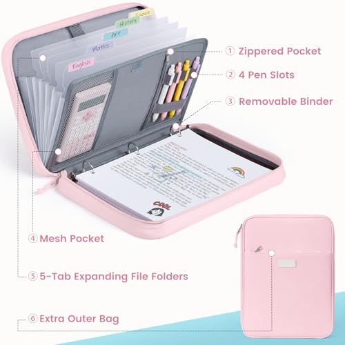 Sooez Zipper Binder Bag, 1 Inch Binders 3 Ring O-Ring, 5-Tab Dividers Expanding File Folder, 500-Sheet Capacity Three Ring Binder, Cute Organizer Storage for Student School Classroom Supplies, Pink - color: Pink