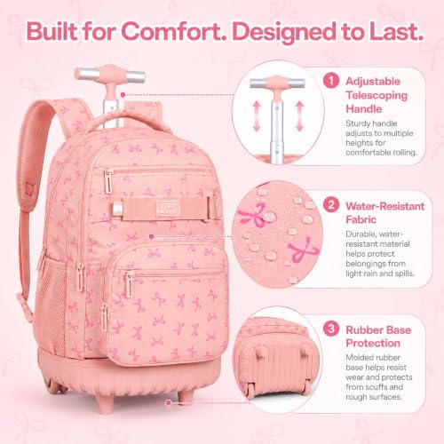 AGSDON Playful Bow Print Girls Rolling Backpack Set – 20” Roller Bookbag with Matching Lunch Box for Travel, Commute & School | Water-Resistant Fashion Wheeled Organizer in Pink - color: Rolling Backpack Set - Bow Pink