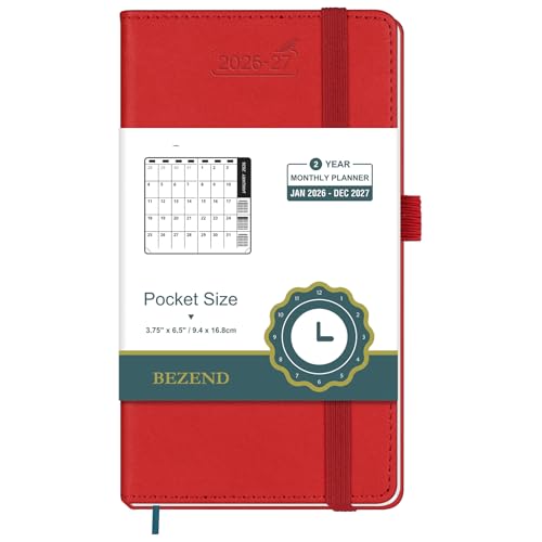 BEZEND Pocket Monthly Planner 2026-2027 (3.5" x 6.5") 2 Year Calendar Book for Purse with Note Pages, 100 GSM Paper, Inner Pocket, Pen Holder, Vegan Leather Hardcover in Red - color: Red, size: Pocket 3.5" x 6.5"