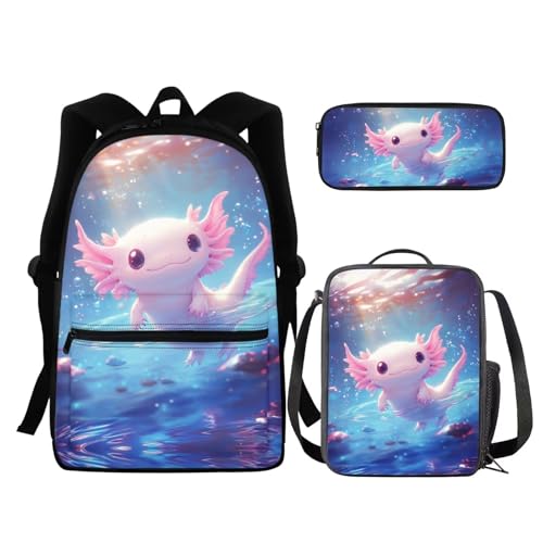 BIGCARJOB Axolotl Backpack for School Girls Bookbags Set with Lunch Bags Pencil Case 3 Pcs Girls School Bookbags Set Thermal Lunch Containers Back to School Pen Bags - color: Cute Axolotl, size: One Size
