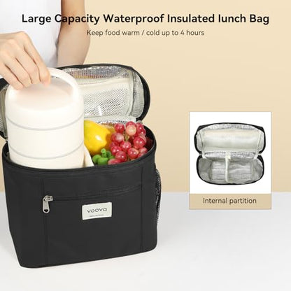 Voova Stackable Stainless Steel Thermal Lunch Box with Lunch Bag and Cultery Set for Adult Women Men, 3 Tier Leakproof & Microwave Safe Insulated Bento Boxes Food Container for Work, Black - color: Black