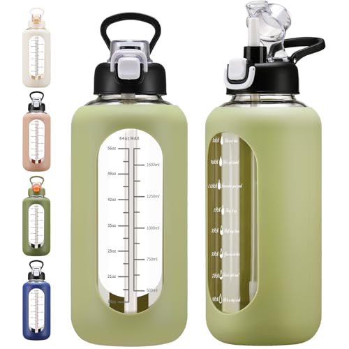 chunmo 64 oz Glass Water Bolttles with Straw Half Gallon Large Motivational Water Bottle with Time Marker Sports Water Bottles with Silicone Sleeve and Handle Lid Water Jug for Gym Workout - color: Green, size: 64 Ounces