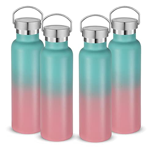 Neihepal 20 oz Insulated Water Bottles Bulk 4 Pack,Stainless Steel Double Wall Sport Bottle with Lid of Handle,Metal Reusable Thermoses Flask for School,Cyclists,Hikers,Gift (Green-Pink,Set of 4) - color: Bubble Gum
