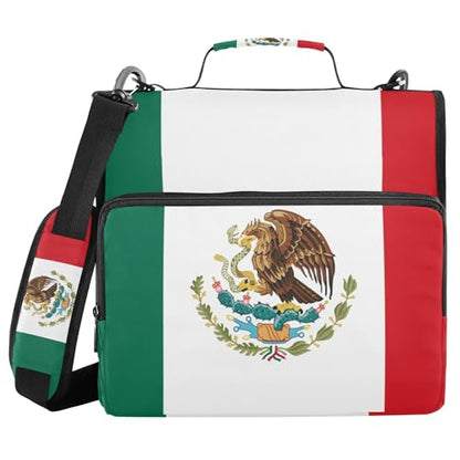 Fisyme Mexico Flag Zipper Binder 3 Ring with Zipper and Shoulder Strap Large Capacity Multi-Pocket Binder Organizer - color: Multi-green White Red