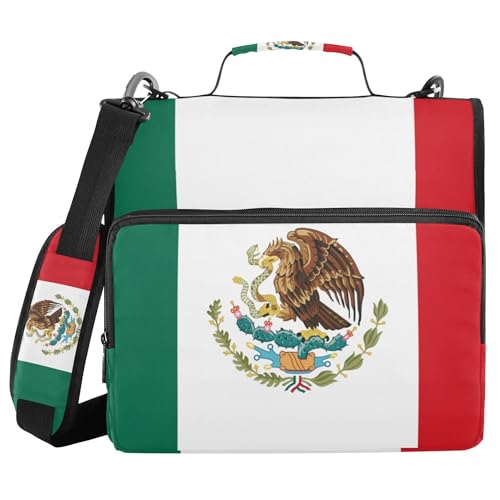 Fisyme Mexico Flag Zipper Binder 3 Ring with Zipper and Shoulder Strap Large Capacity Multi-Pocket Binder Organizer - color: Multi-green White Red