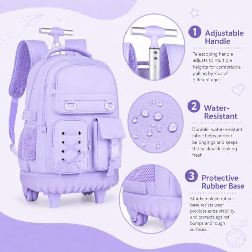 KLFVB Girls Rolling Backpack, 3PCS Wheeled Bookbag with Lunch Bag for Kids, Roller School Bag for Teen - Purple Ribbon Bow - color: Purple Ribbon Bow Rolling Backpack
