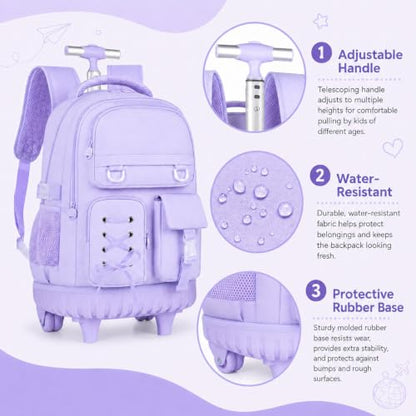 KLFVB Girls Rolling Backpack, 3PCS Wheeled Bookbag with Lunch Bag for Kids, Roller School Bag for Teen - Purple Ribbon Bow - color: Purple Ribbon Bow Rolling Backpack