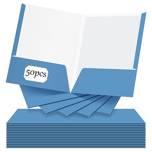 Jutom 50 Pcs 2 Pocket Glossy Paper Folders Glossy Paper Laminated Portfolios, Letter Size, Presentation Folders with Pockets for Office Teacher Worker Supplies(Light Blue) - color: Light Blue