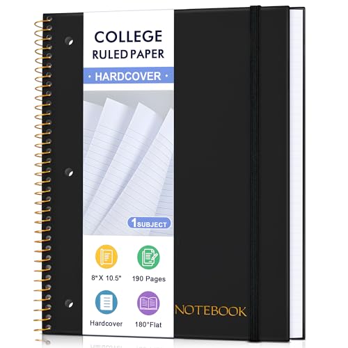MUAHLIUB Spiral Notebook College Ruled Paper 8" x 10-1/2", 1 Subject Spiral Notebook, 3-Hole Punched Perforated Pages Ideal for School, Office, Writing, 95 Sheets Lined Journaling Notebook, Black - color: Black, size: College Ruled