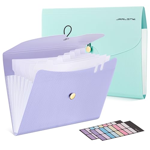 JARLINK 7 Pockets Expanding File Folder, A4 Accordion File Folders with 12 Labels, Cute Paper Organizer, Portable Document Organizer for College School Office Supplies, Macaron Blue & Macaron Pupple - color: Macaron Blue & Pupple