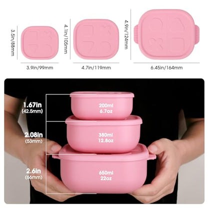 Silicone Bento Box ｜Food Grade & Leakproof Lunch Box Bento with Lids ｜3-Piece Space-Saving Nesting Kit Food Storage Containers Set (Pink) - color: Pink