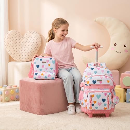 Rolling Backpacks for Kids Backpack for Girls with Lunch Bag Pencil Case 16.5" Kids Backpack with Wheels Roller Backpacks for Girls - color: Baiseaixin