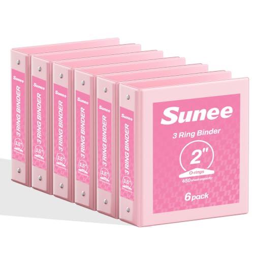 SUNEE 2 Inch Binders 3 Ring 6 Pack, Clear View Three Ring 2" Binders PVC-Free (Fit 8.5x11 Inches) for School or Office Supplies, Pink - color: Pink, size: 2 Inch