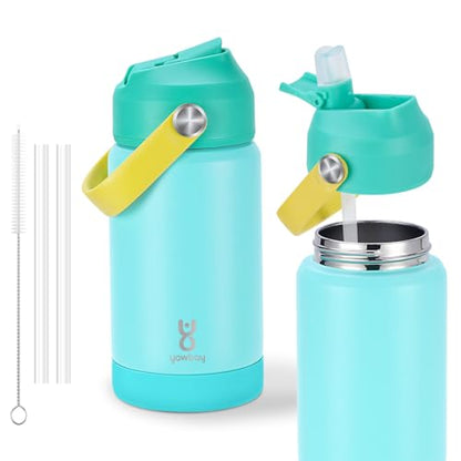 Kids Insulated Water Bottle with Straw Lid & Silicone Handle,12oz Kids Leak Proof Water Bottle for School Boys Girls,Double Wall Vacuum Stainless Steel with Non-slip Silicone Base(Lake Blue) - color: Light Blue, size: 12 Ounces