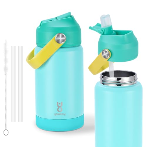 Kids Insulated Water Bottle with Straw Lid & Silicone Handle,12oz Kids Leak Proof Water Bottle for School Boys Girls,Double Wall Vacuum Stainless Steel with Non-slip Silicone Base(Lake Blue) - color: Light Blue, size: 12 Ounces