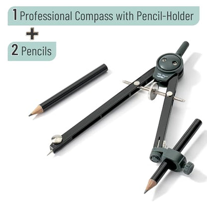 Mr. Pen- Metal Geometry Compass, Center-Wheel Design | Precision Drafting Compass with Pencil for School & Technical Drawing, Draws Circles up to 11 Inches Diameter - color: Black