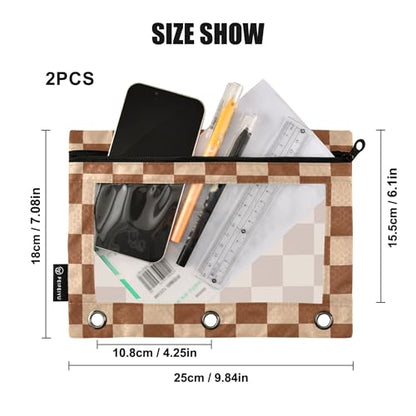 Saddlebrown Buffalo Plaid Binder Pouches 3 Ring for Boys Girls School Office College Supplies Brown Chessboard Wheat Pencil Pouches Case Bag with Clear Window and Zipper 2 Pack - color: Saddlebrown
