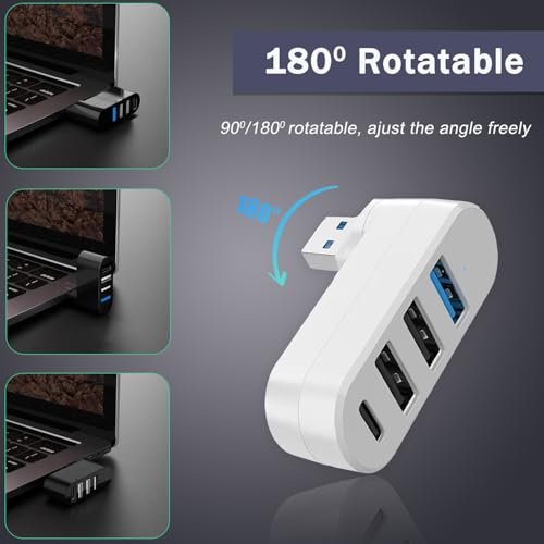 VIENON 4-Port USB 3.0 Hub [90/180 Rotatable], USB Splitter with 3 USB Ports & 1 USB C Power/Data Port, USB Extender for Laptops, Cars, iMac, MacBook Air, MacBook Pro