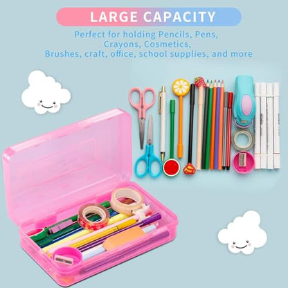 Sooez 1 Pack Pencil Case, Clear Pencil Box with Stickers, Large Plastic Crayon Box with Snap-tight Lid, Stackable Storage Box Art Craft Marker Organizer Box for Kids Boys Back to School, Pink | Clear Pink, Large Capacity, Stickers, Snap-tight Lid, Stackab