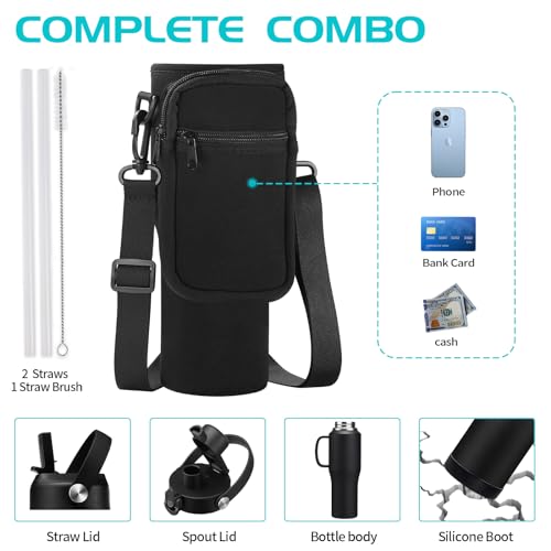 Stainless Steel Water Bottles 40oz - Insulated Water Bottle with Straw, Strap Carrier Bag & Protective Boot, Tumbler with Handle for Car, Office, Gym - color: Black, size: 32 ounces with handle