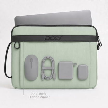 Acer Laptop Sleeve Case for 13.3-14 inch Laptops, Slim Protective Computer Sleeve with Hidden Zipper Pocket, Soft Plush Bubble Padding, Side Handle and Luggage Strap, Travel Laptop Bag, Green | Slim, Soft Bubble Padding, Extra Front Storage, Wrist Strap,