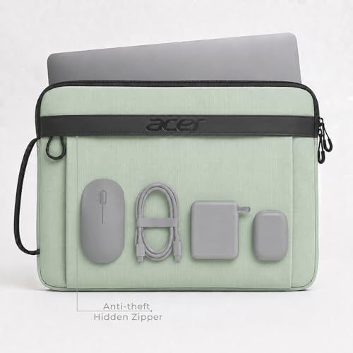 Acer Laptop Sleeve Case for 15.6-16 inch Laptops, Slim Protective Computer Sleeve with Hidden Zipper Pocket, Soft Plush Bubble Padding, Side Handle and Luggage Strap, Travel Laptop Bag, Green | Slim, Soft Bubble Padding, Extra Front Storage, Wrist Strap,