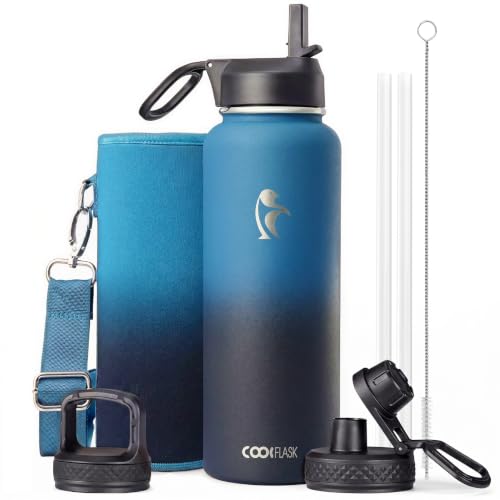 Water Bottle 40 oz Insulated with Straw, Coolflask Stainless Steel Metal 3 Lids Water Flask for Sports or Office, Keep Cold 48H Hot 24H, Samurai Cyan - color: Samurai Cyan, size: 40 Ounces