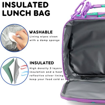 Bundle of J World Sunrise Girls Rolling Backpack with Lunch Box. Roller Bookbag Set + Matching Cody Lunch Bag for School, Puffy Flower