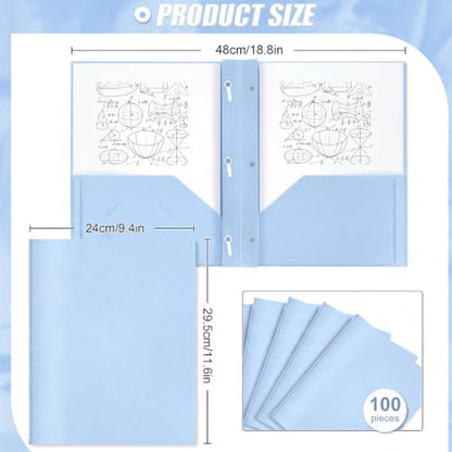 Lincia 100 Pcs Plastic Folders with Pockets and Prong Folders with Prongs 2 Pockets for Office, School for Students, Teachers, Office Workers(Light Blue) - color: Light Blue