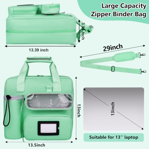 SIYNPAV 3 Inch Zipper 3 D-Ring Binder Bag, 700 Sheet Portfolio Organizer with Shoulder Strap, 13 Inch Laptop Sleeve, Pen& Bottle Pocket for Middle School, Green - color: Mint Green