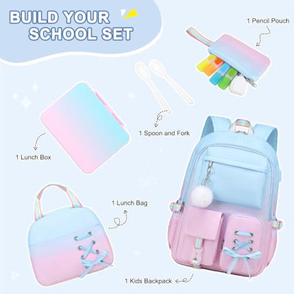 Scothen Backpack for Girls with Bento Lunch Box Set, School Bag Bookbag for Teens Girls Kids Student, 43oz Lunch Containers Lunchbox, Insulated Lunch Bag & Pencial Case, Back to School Gifts - color: Blue Pink