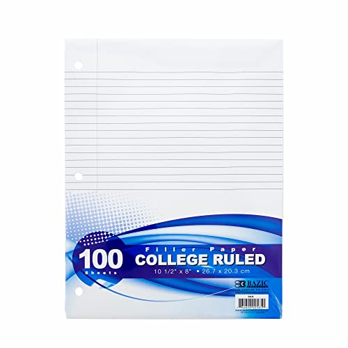 BAZIC Products College-Ruled Filler Paper, 100 Sheets, 36-Case | 10.5 x 8 in, 3-hole punched, fit 3-ring binders, notes and homework - color: College Ruled (100 Sheets), size: 36-Pack