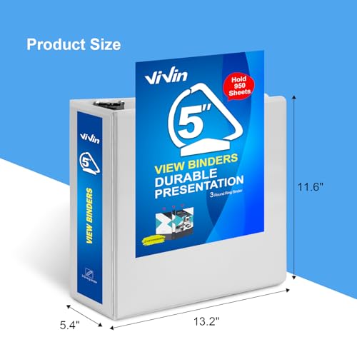 ViVin Durable 5 inch D Ring View Binder, Large 5" Slant-D Ring with 950-Sheet Capacity, Fit 8.5" x 11" Paper, 6 Pack(White) - color: White, size: 5 Inch, style: 6 Pack