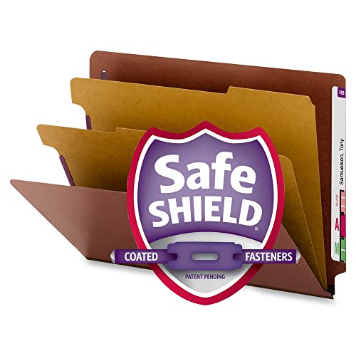 Smead 100% Recycled End Tab Pressboard Classification File Folder with SafeSHIELD Fasteners, 2 Dividers, 2" Expansion, Letter Size, Red, 10 per Box (26860) - color: Red, style: 2 Dividers