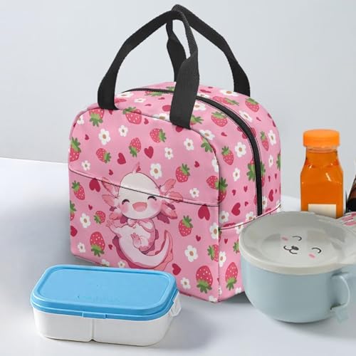 Kawaii Axolotl Lunch Box for Girls Portable Leakproof Kids Lunch Box Multifunctional Large Thermal Cooler Bag for School Camping Picnic - color: Kawaii Axolotl Strawberry