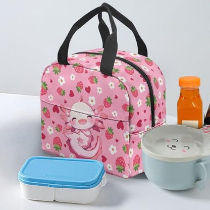 Kawaii Axolotl Lunch Box for Girls Portable Leakproof Kids Lunch Box Multifunctional Large Thermal Cooler Bag for School Camping Picnic - color: Kawaii Axolotl Strawberry