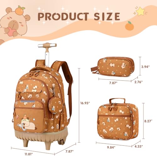 Rolling Backpack for Girls Boys, 3PCS Roller School Backpacks for Girls with Lunch Bag and Pencil Pouch, Kids Bookbag School Bag with Wheels for Kindergarten Elementary Middle School Travel - color: Brown