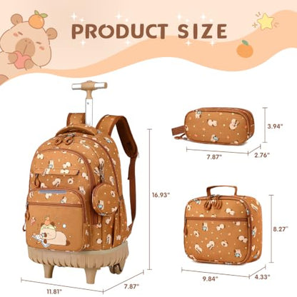 Rolling Backpack for Girls Boys, 3PCS Roller School Backpacks for Girls with Lunch Bag and Pencil Pouch, Kids Bookbag School Bag with Wheels for Kindergarten Elementary Middle School Travel - color: Brown
