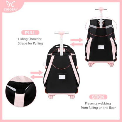 DIGOBAY Rolling Backpack for Girls, Girls Roller Backpack with Lunch Bag and Pencil Case, School Bookbag with Wheels for Elementary Middle High School Travel, Black Pink - color: Black and Pink