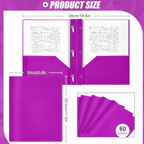 Yeaqee 60 Pcs Plastic Folders with Pockets and Prongs Plastic Folder 2 Pockets 3 Prongs with Business Card Slot Back to School Folders for Students, Teachers, Office Workers (Neon Purple) - color: Neon Purple