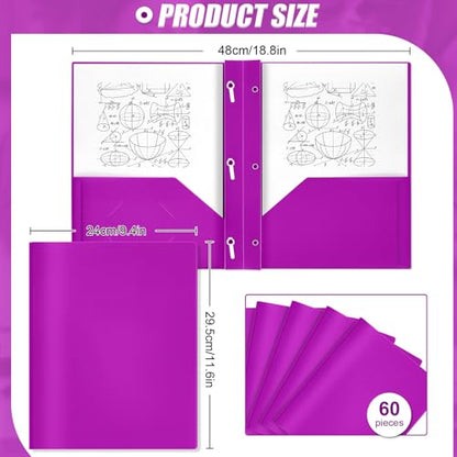 Yeaqee 60 Pcs Plastic Folders with Pockets and Prongs Plastic Folder 2 Pockets 3 Prongs with Business Card Slot Back to School Folders for Students, Teachers, Office Workers (Neon Purple) - color: Neon Purple
