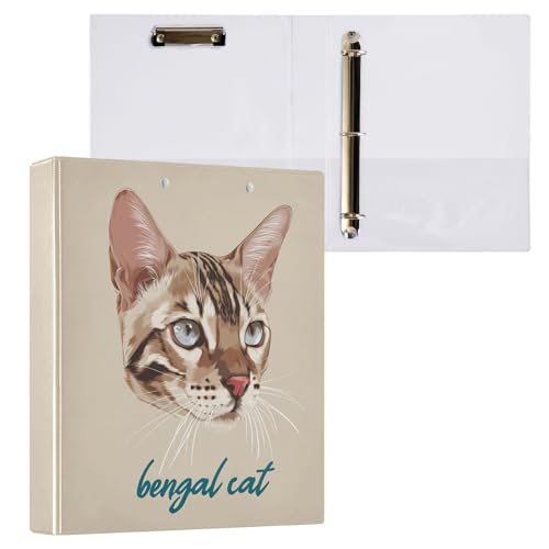 Fustylead Bengal Cat 3 Ring Binder, D-Rings 1.5" Hardcover Folder, Fits 200 Sheets of A4 Paper, Durable Clipboard & Clean View with Inside Pockets for School Home Office - size: 12.4x10.63x2.36 Inch-1 Pack