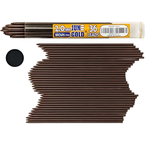 June Gold 36 Brown (Walnut #136) Colored 2.0 mm Lead Refills, 90 mm Length | Bold Thickness for Heavy Use, Break / Smudge Resistant, Travel Carrying Tube, Pre-Sharpened - color: Brown (Walnut #136)
