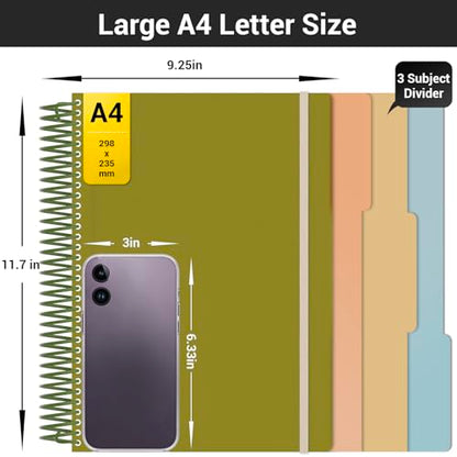 EUSOAR College Ruled Notebook, Large A4 9.25" x 11.7" Lined 3 Subject Spiral Notebook with Pockets, Cute Women Journal Notebook 240 Pages 90gsm Thick Paper Notebook for Office School Supplies-Green - color: Green, style: A4 Lined