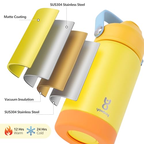 Kids Insulated Water Bottle with Straw Lid & Silicone Handle,12oz Kids Leak Proof Water Bottle for School Boys Girls,Double Wall Vacuum Stainless Steel with Non-slip Silicone Base(Yellow) - color: Yellow, size: 12 Ounces