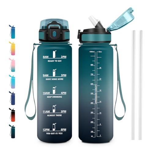Drinking Bottle 1 Litre with Straw & Time Marking, Sports Bottle for Outdoor, Fitness, School, Office, Bicycle - color: Dark green and grey, size: 33.8 Ounces